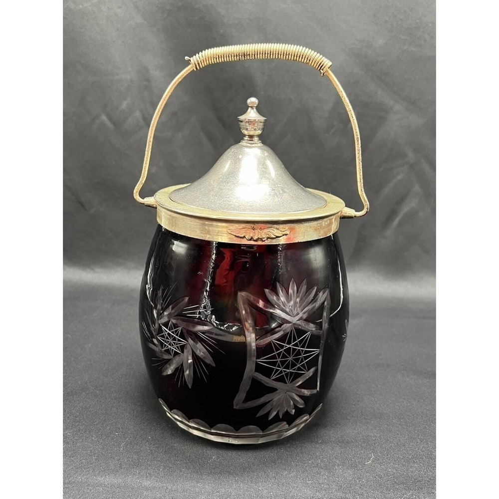 Antique Biscuit Jar Ruby Cut To Clear With Lid And Handle